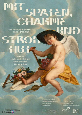 Grafik: Plakat zur Sonderausstellung "Mit Spaten, Charme und Strohhut" © Stadtverwaltung Erfurt ein Veranstaltungsplakat, das neben dem Schriftzug als Motiv einen Engel zeigt