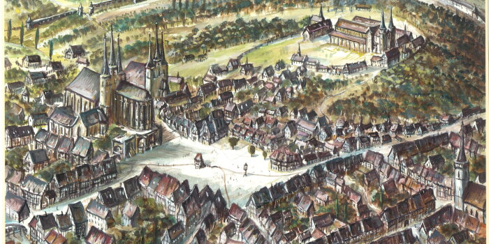 Zeichnung, das die historische Erfurter Altstadt mit Dom und Peterskloster um 1500 zeigt