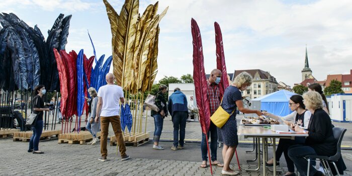 Große Federn in verschiedenen Farben stehen zum Verkauf 