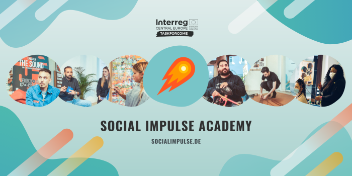 Foto: F11 Social-Impulse-Academy Taskforcome © Marina Bykowa, CGE Culture Goes Europe e. V. Eine Collage aus Bildern von mehreren Menschen, die unterschiedlichen Tätigkeiten nachgehen.