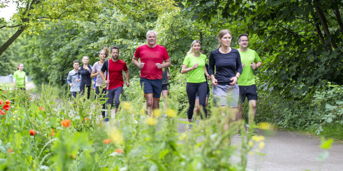 Mehrere Personen joggen im Grünen.