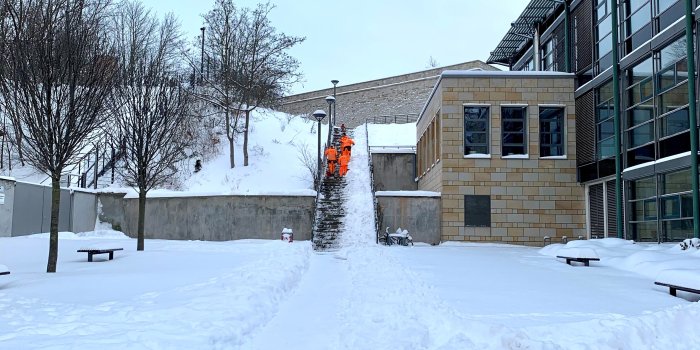 ein weißer Schneeteppich, in der Mitte eine Treppe, die von vier Personen in orangefarbener Kleidung geräumt wird