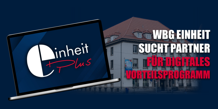 Es sind ein Notebook mit dem Logo "EinheitPlus" im Display und das Firmengebäude der WBG Einheit dargestellt. 