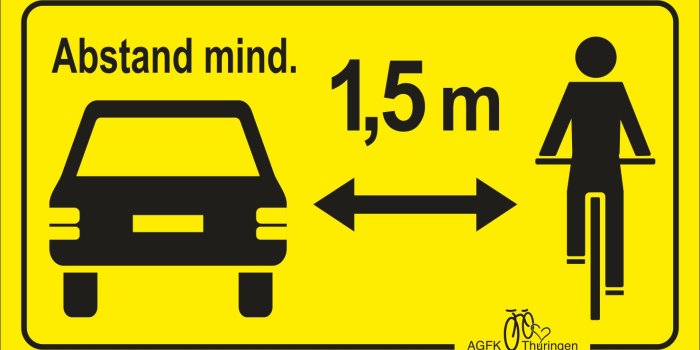 Ein gelber Hintergrund mit schwarzen Symbolen, sie werben für einen Abstandt von 1,50 Meter zwischen Auto und Rad