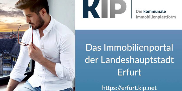 Foto: KIP - Die kommunale Immobilienplattform © Immovativ GmbH Logo und Titeltext, daneben ein Foto eines Mannes