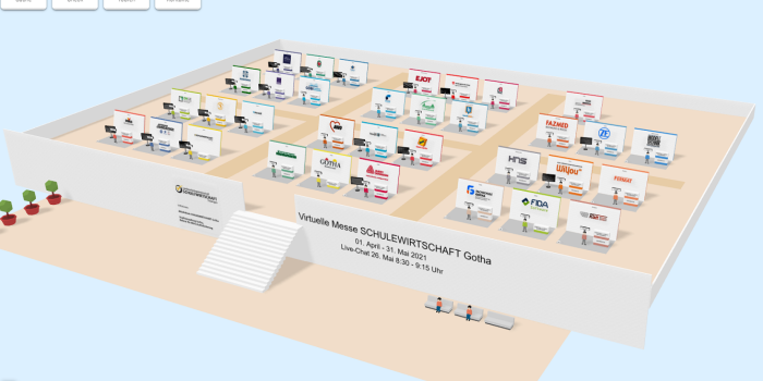 Es ist ein virtuell generiertes Bild einer Ausstellungsfläche einer Messe mit 34 Ständen dargestellt.