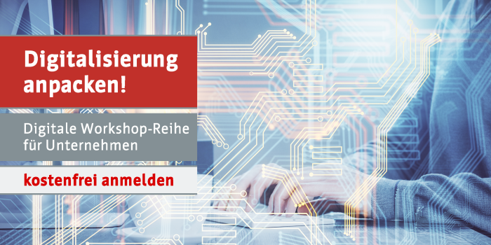 Es ist ein Flyer zur Workshop-Reihe "Digitalisierung anpacken!" abgebildet. 