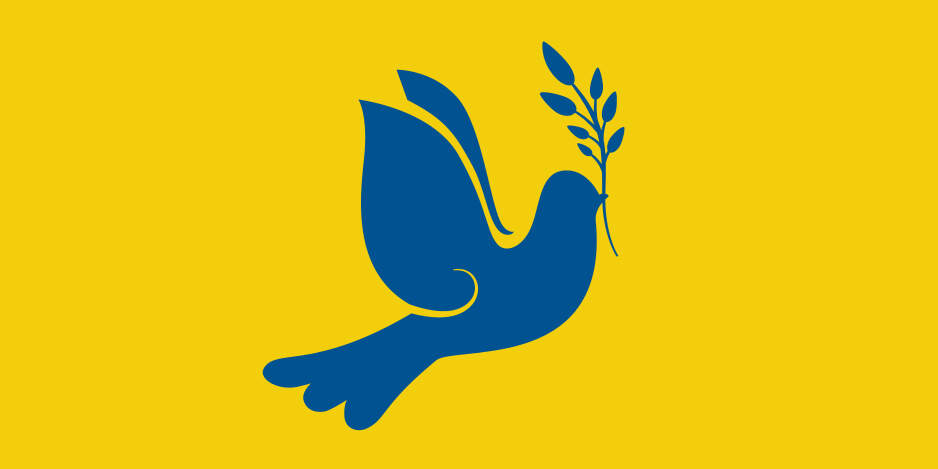 Grafik mit blauer Friedenstaube auf gelbem Hintergrund