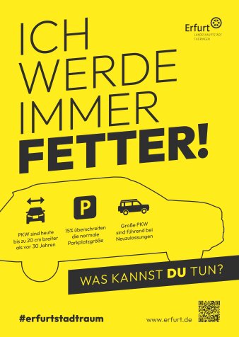 Ein gelbes Plakat mit schwarzer Schrift zum Thema "Ich werde immer fetter!"