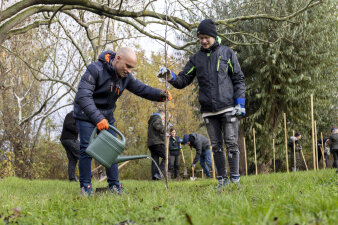 zwei Männer halten einen frisch gepflanzten Baum fest, während einer der beiden ihn gießt