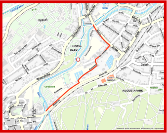 Die Karte zeigt die Umleitungsführung für Radfahrer und Fußgänger im Rahmen des Umbaus des Papierwehrs im Luisenpar