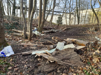 verschiedene Plastikteile liegen in einem Wald am Boden