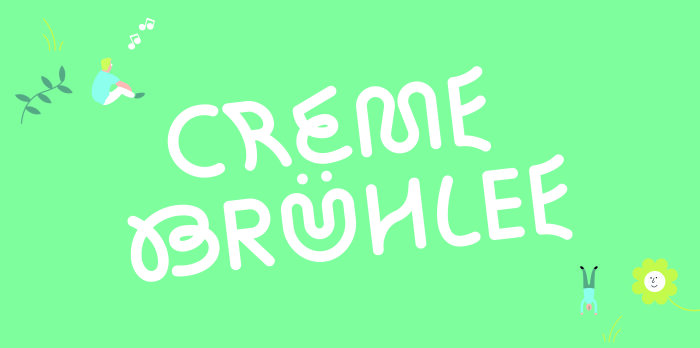 Weißer Schriftzug Creme Brühlee auf grünem Hintergrund