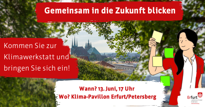 Klimawerkstatt Banner eine Grafit mit der Überschrift "Gemeinsam in die Zukunft blicken" und weiteren Textinformationen