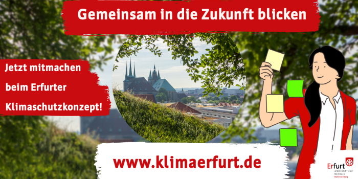 eine Grafik mit dem Schriftzug "Gemeinsam in die Zukunft blicken" und der Webadresse www.klimaerfurt.de