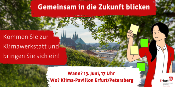 Foto: Klimawerkstatt Banner © Polidia GmbH eine Grafit mit der Überschrift "Gemeinsam in die Zukunft blicken" und weiteren Textinformationen