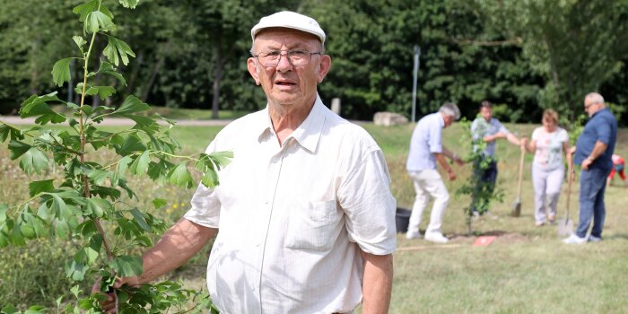 ein älterer Mann steht an einem jungen Baum