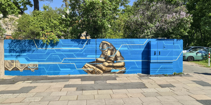 eine mit Graffiti in den Farben Blau und Beige gestaltete Mauer