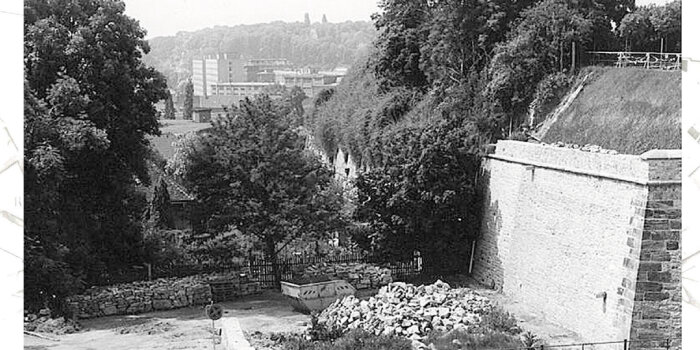 Ein schwarz-weiß Foto mit Blick auf dem Petersberg