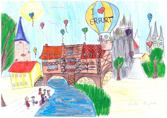 Zeichnung eines Kindes mit typischen Sehenswürdigkeiten von Erfurt. 