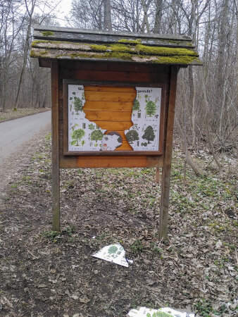 eine kaputte Informationstafel in einem Wald