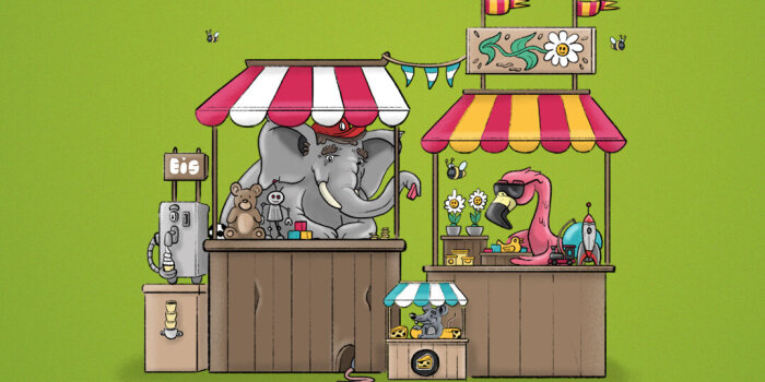 Eine Illustration zeigt einen Elefanten und einen Flamingo hinter Verkaufsständen. 