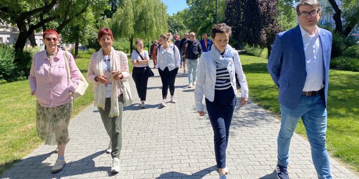 Mehrere Männer und Frauen laufen gemeinsam durch einen Park.