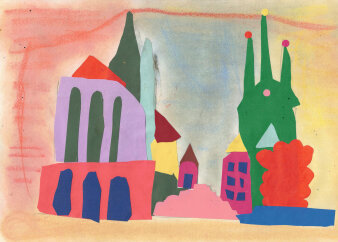 Ein gemaltes Bild zeigt Dom und Severi-Kirche in Erfurt in bunten Farben.