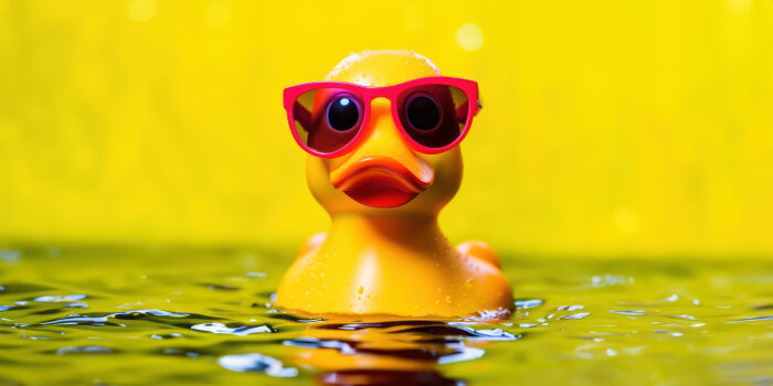 Aktionsbild Entenrennen 2024 - gelbe Plastikente mit roter Sonnenbrille