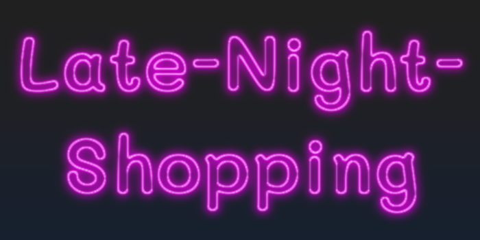 stilisierte Leuchtschrift "Late-Night-Shopping" in Lila auf schwarzem Hintergrund