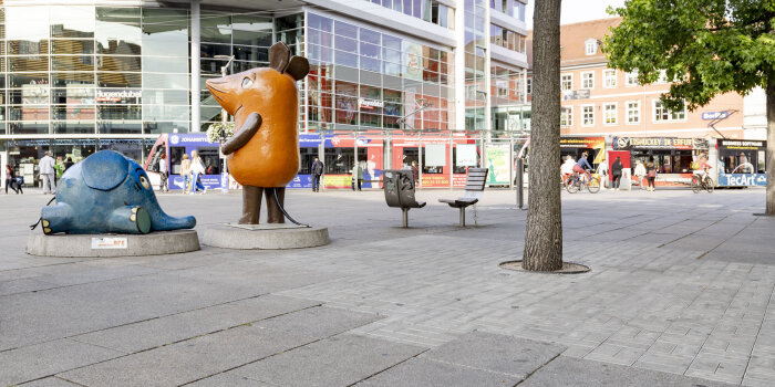 Pflasterbelag auf dem Erfurter Anger, der Bereich um einen Baum herum unterscheidet sich