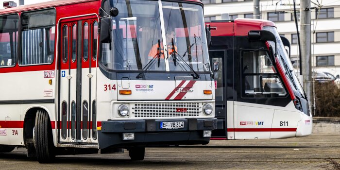 ein älterer rot-weißer Bus und eine rot-weiße Straßenbahn