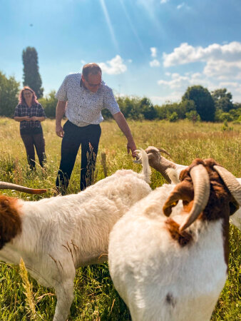 zwei Personen stehen auf einer Wiese im hohen Gras, eine Person streichelt eine Ziege