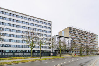 Drei mehrstöckige Gebäude. Eins davon ist eingerüstet. Davor verläuft eine Straße.