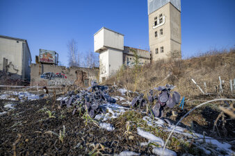 Auf einer Industriebrache stehen zerfallene Gebäude.