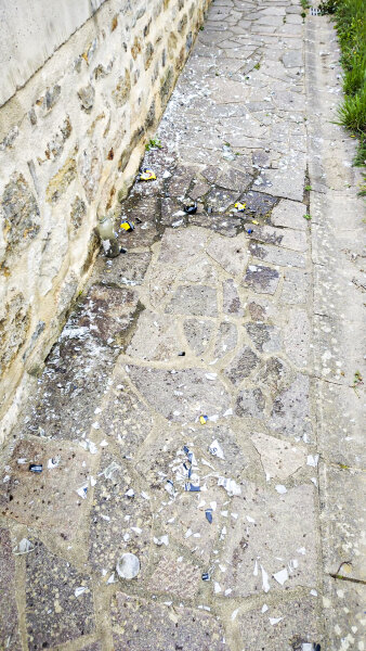 Ein gepflasterter Gehweg, auf dem Weg liegen Glasscherben einer zerbrochnen Flasche