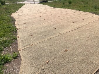 Abgesperrte, mit Erosionsschutzmatten gesicherte Hangfläche am Petersberg