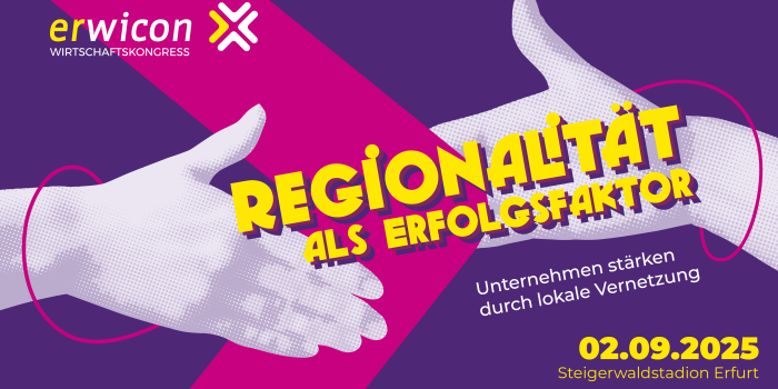 Grafik: Zwei Hände kommen sich zum Handschlag entgegen, Schriftzug „Regionalität als Erfolgsfaktor“ erwicon