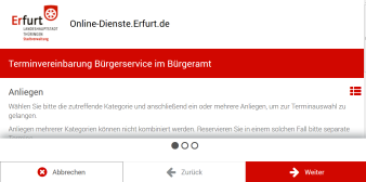 Bild: Online-Dienst: Terminvereinbarung © Stadtverwaltung Erfurt Screenshot einer Webseite