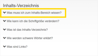 Text Inhaltsverzeichnis, darunter Einträge mit Pfeil nach unten und Text