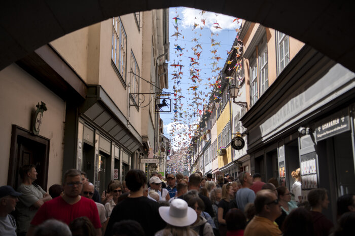Die Krämerbrücke voller Menschen und mit einer Kunstinstallation