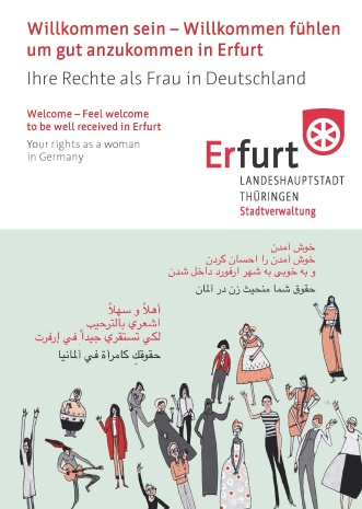 Titelseite von "Willkommen in Erfurt" mit Überschriften "Willkommen sein – Willkommen fühlenum gut anzukommen in Erfurt - Ihre Rechte als Frau in Deutschland"