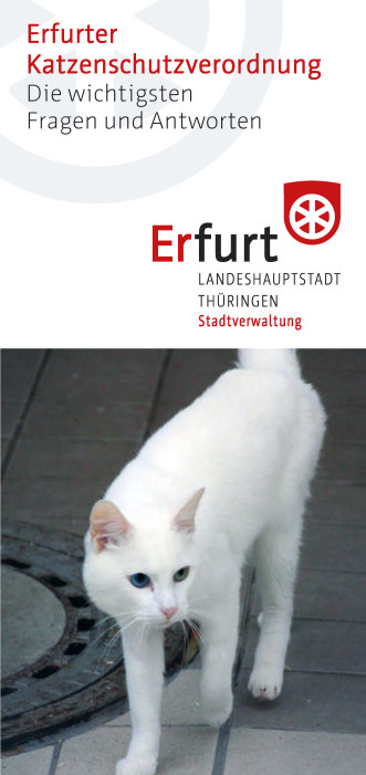 Flyer zur Erfurter Katzenschutzverordnung. Zu sehen ist im unteren Bereich eine weiße Katze. Im oberen Bereich ist die Überschrift und die Wort Bild Marke der Stadt Erfurt platziert.