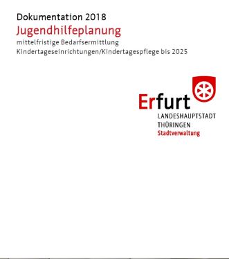 Titelbild mit Text: Dokumentation 2018 Jugendhilfeplanung, mittelfristige Bedarfsermittlung Kindereinrichtungen/Kindertagespflege bis 2025 und Logo Stadtverwaltung Erfurt