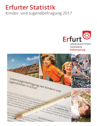 Titelseite: Kinder- und Jugendbefragung 2017 Titel des Berichtes und drei Fotos mit Fragebogen, Kindern, Jugendlichen