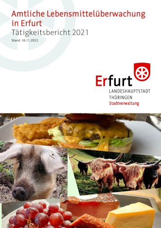 Amtliche Lebensmittelüberwachung in Erfurt - Tätigkeitsbericht 2021 Das Deckblatt eines Berichtes mit dem Titel "Amtliche Lebensmittelüberwachung Tätigkeitsbericht 2021"