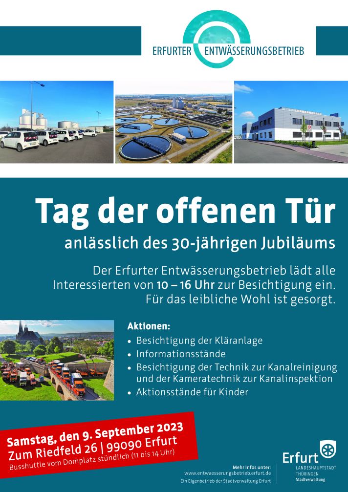 Plakat mit Titel, Anlass, Datum und Anreisehinweisen zum Tag der offenen Tür im Eigenbetrieb der Stadtverwaltung.