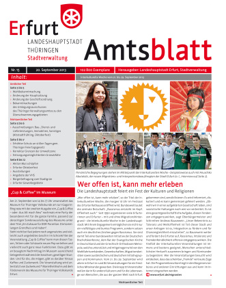 Amtsblatt Nr. 15 vom 20. September 2013 Titelseite mit Logo der interkuturellen Woche und der Überschrift "Wer offen ist, kann mehr erleben".