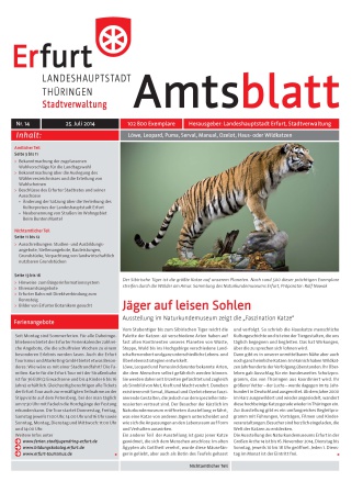 Titelseite Amtsblatt Nr. 14 vom 25.07.2014 Titelbild ist ein präparierter Tiger