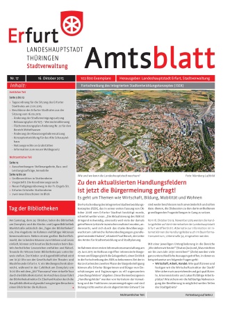 Titelseite Amtsblatt Nr. 17 vom 16.10.2015 Bildliche Darstellung des Amtsblattes mit einem Schrägluftbild von Erfurt